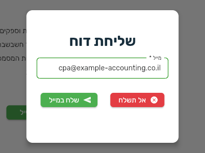 חלון שליחת דוח בביג בוס עם שדה מייל שמולא מראש בכתובת הרואה חשבון