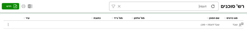 רשימת הסוכנים בביג בוס עם העמודות סוג כרטיס, שם הסוכן, טלפון, נייד, כתובת ועיר, והכפתור חדש