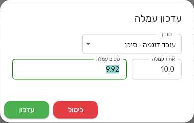 החלון עדכון עמלה בביג בוס עם אחוז עמלה 10.0 וסכום עמלה 9.92