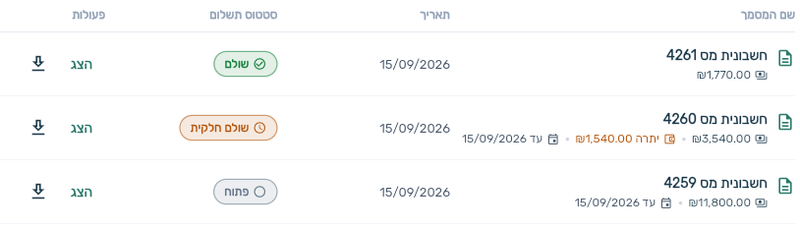 סטטוס תשלום בפורטל לקוחות: חשבוניות במצב שולם, שולם חלקית עם יתרה, ופתוח