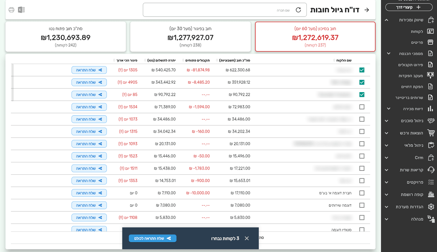 שליחת מכתב התראה לכמה לקוחות יחד בדוח גיול החובות של ביג בוס