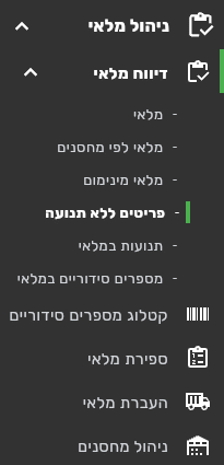 תפריט הצד ניהול מלאי פתוח בביג בוס עם עשרת מסכי המודול ובהם פריטים ללא תנועה