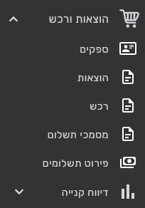 תפריט הוצאות ורכש בביג בוס עם מסך הרכש ודוחות דיווח קנייה