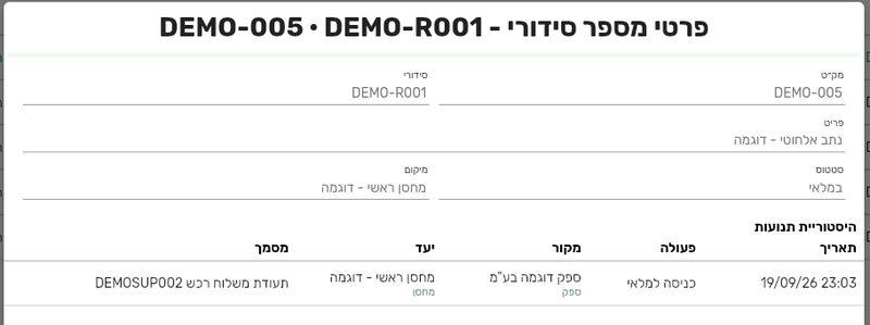 כרטיס מספר סידורי בביג בוס עם היסטוריית תנועות מלאה ליחידה