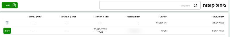 רשימת ניהול קופות בביג בוס עם סטטוס כל קופה וכפתור דוח X