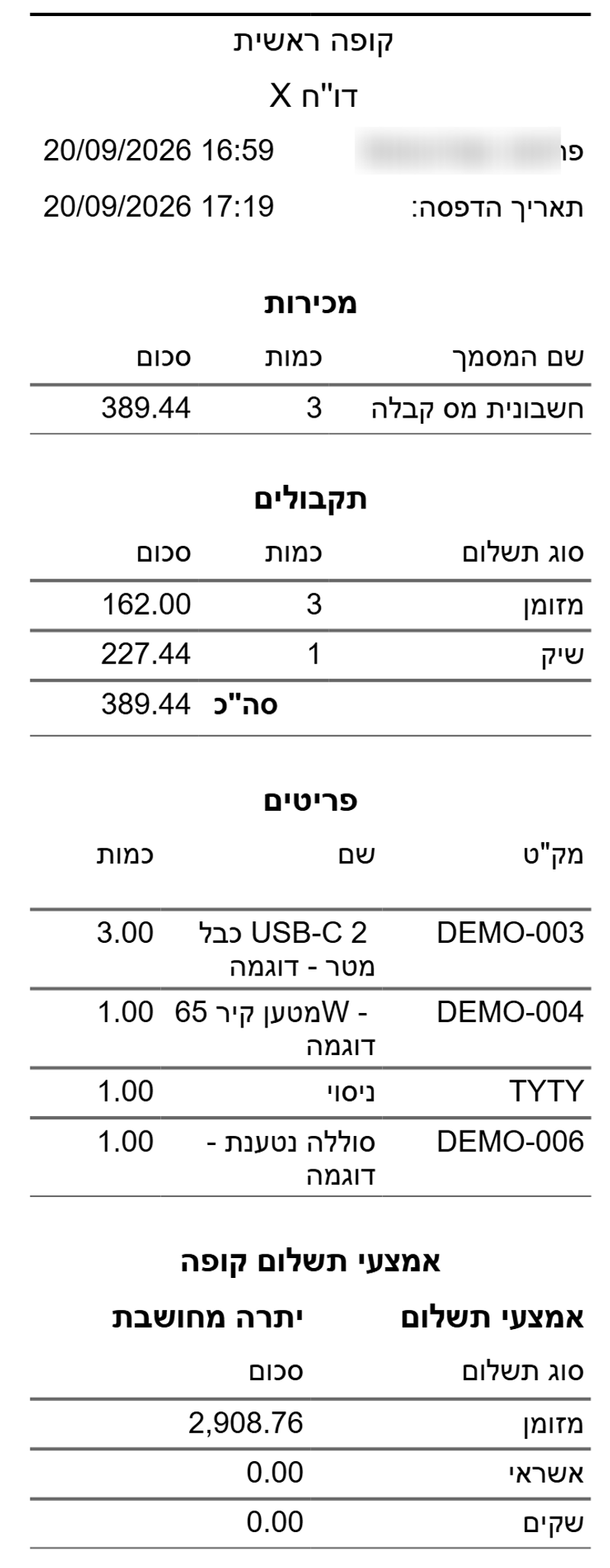 דוח X של הקופה בביג בוס עם הסעיפים מכירות תקבולים ופריטים