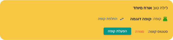 חלון הפעלת הקופה בביג בוס עם שם הקופה והכפתורים החלפת קופה והפעלת קופה
