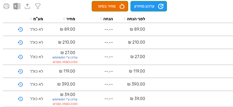 לשונית מחירון של לקוח עצמי אחרי הפקת מסמך, עם פריט שנוסף למחירון ומסומן עודכן ע״י המשתמש