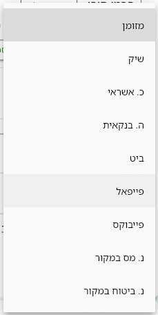 רשימת סוג תקבול בביג בוס עם תשעת אמצעי התשלום