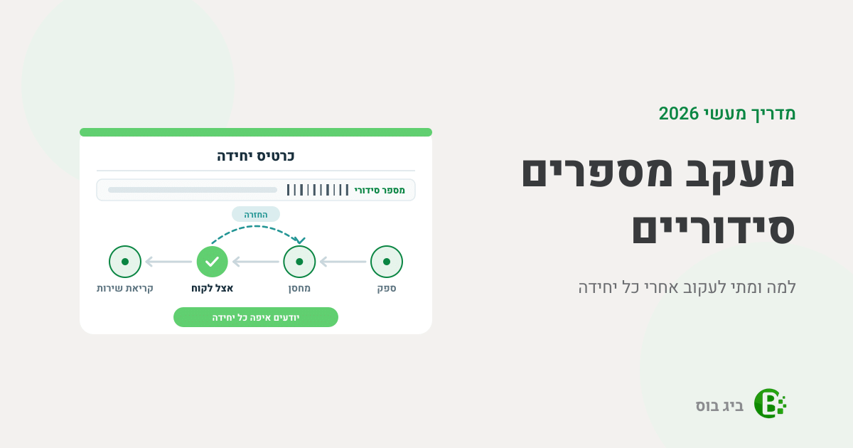 מעקב מספרים סידוריים: כרטיס יחידה עם מספר סידורי, והדרך שלה מהספק למחסן, אל הלקוח ואל קריאת השירות, עם חזרה מהלקוח למחסן