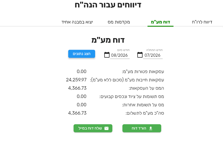 לשונית דוח מע״מ בביג בוס עם שש שורות החישוב וכפתורי הורדה ושליחה במייל
