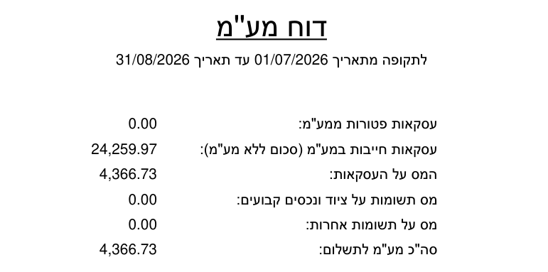 דוח מע״מ בביג בוס כקובץ PDF עם התקופה ושש שורות החישוב