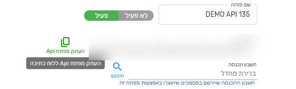 מסך פרטי המזהה בביג בוס עם הכפתור העתק מפתח Api והרמז העתק מפתח Api ללוח כתיבה, המפתח מטושטש