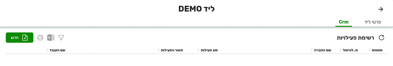 הלשונית Crm בכרטיס של ליד בביג בוס לצד הלשונית פרטי ליד, עם רשימת פעילויות ריקה