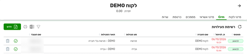 הלשונית Crm בכרטיס של לקוח בביג בוס עם רשימת הפעילויות מול הלקוח והכפתור חדש