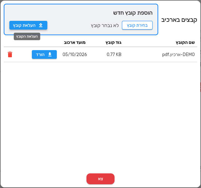 חלון קבצים בארכיב בביג בוס עם קובץ אחד ברשימה, הגודל, מועד הארכוב, כפתור הורד וסמל מחיקה