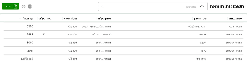 רשימת חשבונות ההוצאה בביג בוס עם העמודות שם הקבוצה, שם החשבון, חשבון מע״מ, מע״מ לזיכוי, פטור מע״מ וקוד הנה״ח