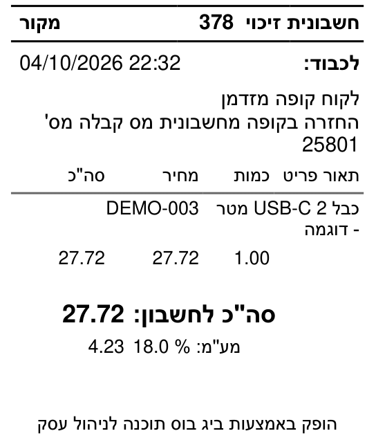 מסמך הזיכוי המודפס מהקופה של ביג בוס עם ההפניה למכירה המקורית
