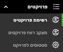 תפריט הצד בביג בוס עם הסעיף פרויקטים והפריטים רשימת פרויקטים, מעקב רווח פרויקטים וסטטוסים לפרויקט