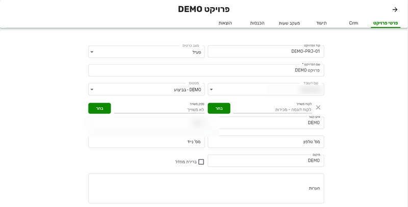 כרטיס פרויקט בביג בוס עם הלשוניות פרטי פרויקט, Crm, תיעוד, מעקב שעות, הכנסות והוצאות