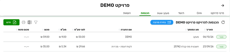 הלשונית הכנסות בכרטיס פרויקט בביג בוס עם שורה מסוג מעקב לצד מסמך הכנסה