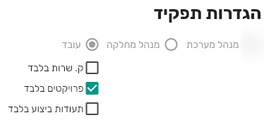 החלק הגדרות תפקיד בכרטיס עובד בביג בוס עם התפקיד עובד והתיבה המסומנת פרויקטים בלבד