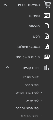 התפריט הוצאות ורכש בביג בוס עם הפריט דיווח קנייה וששת דוחות הקנייה