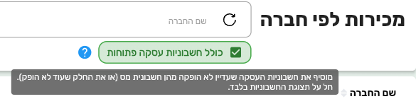 הכפתור כולל חשבוניות עסקה פתוחות מסומן בדוח מכירות לפי חברה בביג בוס, עם ההסבר הקצר שמתחתיו וסימן השאלה