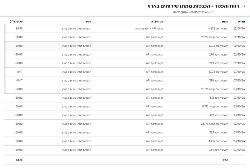 מסך הפירוט רווח והפסד של סעיף הכנסות בביג בוס עם העמודות תאריך, מסמך, שם החברה, סעיף וסכום, ושורת סה״כ
