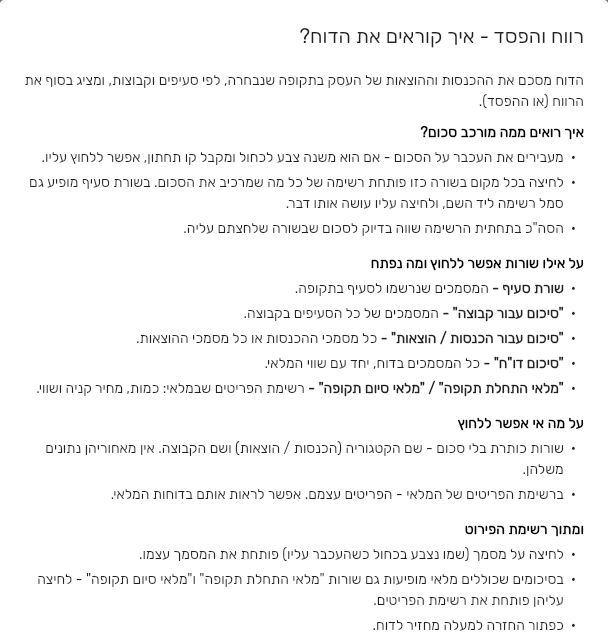 החלון רווח והפסד איך קוראים את הדוח בביג בוס, עם ההסבר על לחיצה על סכום ועל השורות שאפשר ללחוץ עליהן