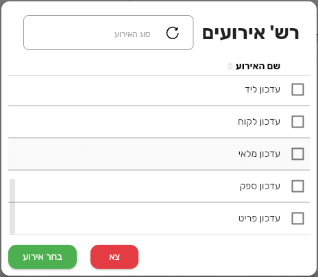 סוף הרשימה עם עדכון ליד, עדכון לקוח, עדכון מלאי, עדכון ספק ועדכון פריט
