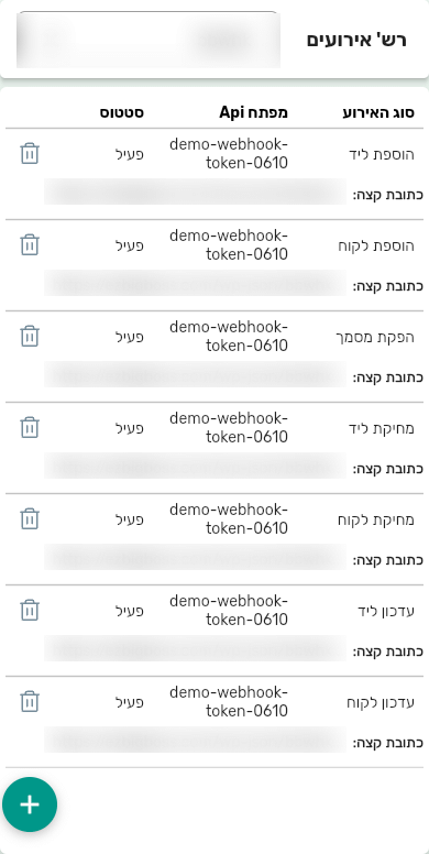 רשימת האירועים בביג בוס במסך טלפון, עם הפקת מסמך בין סוגי האירועים והשורה כתובת קצה מתחת לכל אירוע